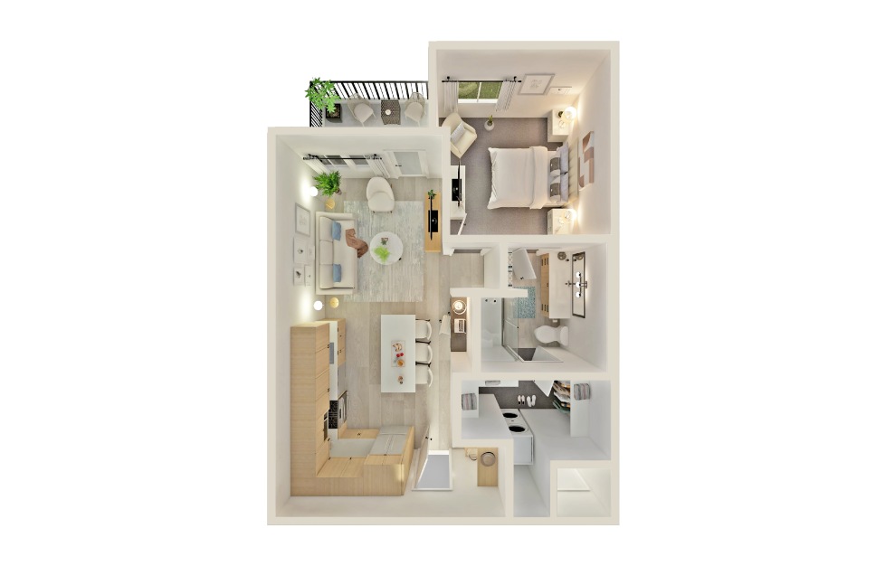 A2 - 1 bedroom floorplan layout with 1 bath and 728 square feet.