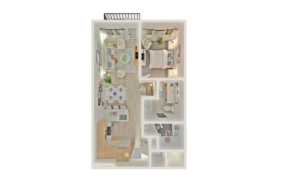 A6 - 1 bedroom floorplan layout with 1 bath and 726 square feet.