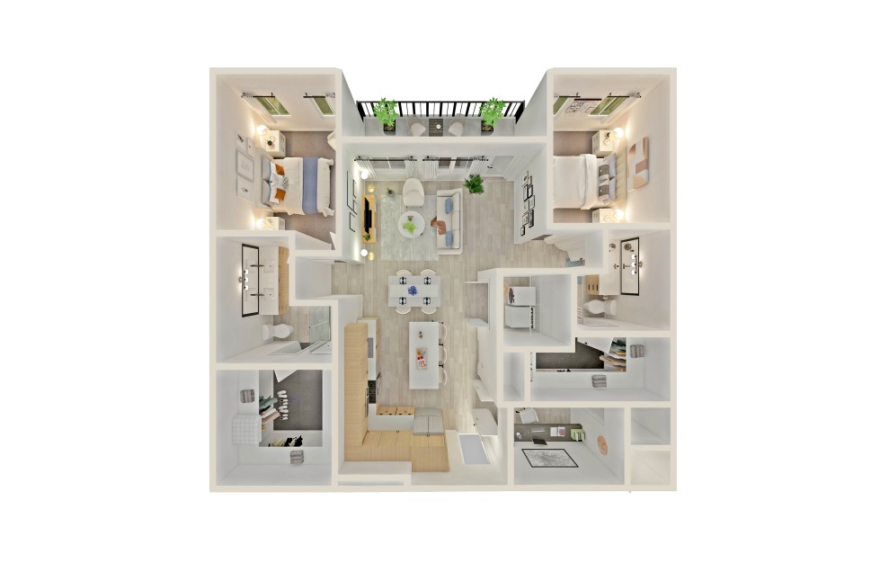 B1 - 2 bedroom floorplan layout with 2 baths and 1387 square feet.