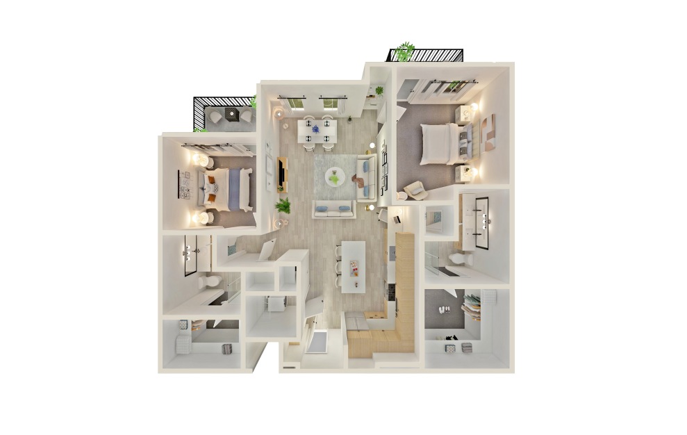 B13 - 2 bedroom floorplan layout with 2 baths and 1329 square feet.