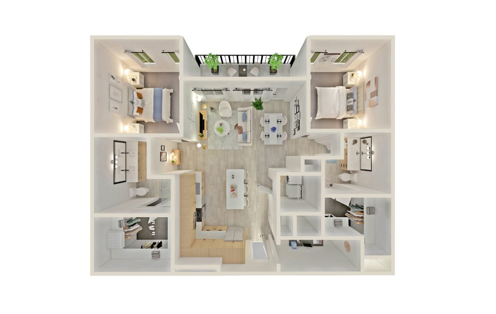 B15 - 2 bedroom floorplan layout with 2 baths and 1284 square feet.