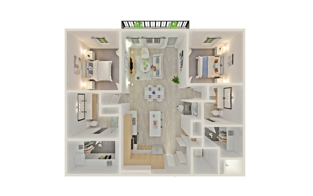 B16 - 2 bedroom floorplan layout with 2 bathrooms and 1308 square feet