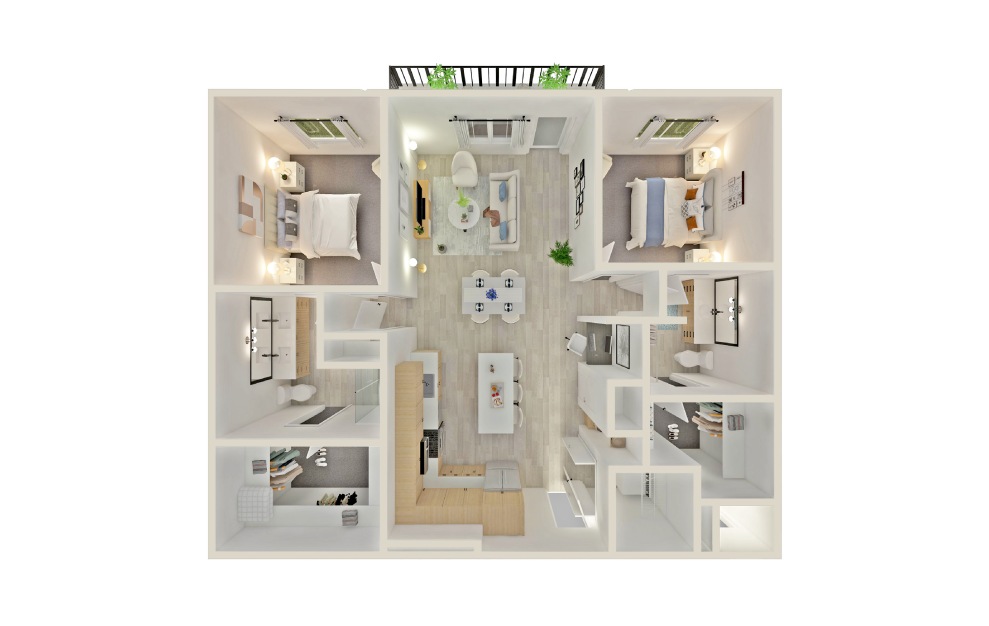 B17 - 2 bedroom floorplan layout with 2 baths and 1318 square feet.