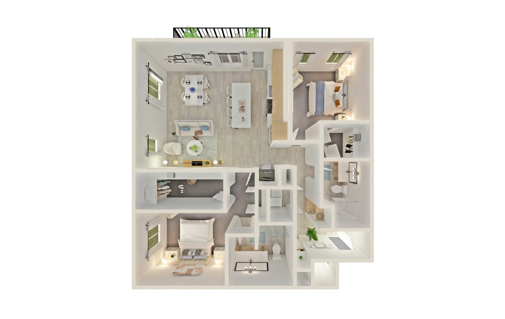 B5 - 2 bedroom floorplan layout with 2 baths and 1289 square feet.