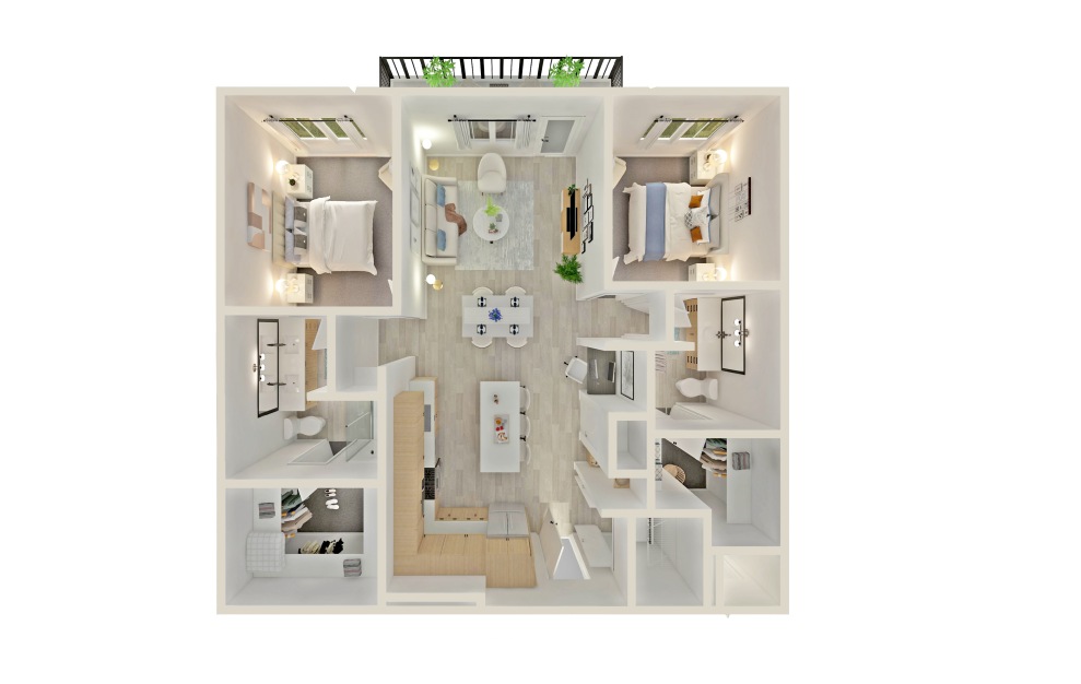 B6 - 2 bedroom floorplan layout with 2 baths and 1160 square feet.