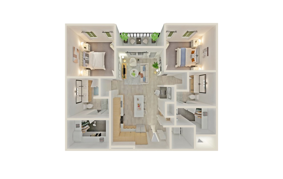 B7 - 2 bedroom floorplan layout with 2 baths and 1225 square feet.