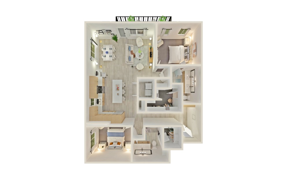 B8 - 2 bedroom floorplan layout with 2 bathrooms and 1387 square feet