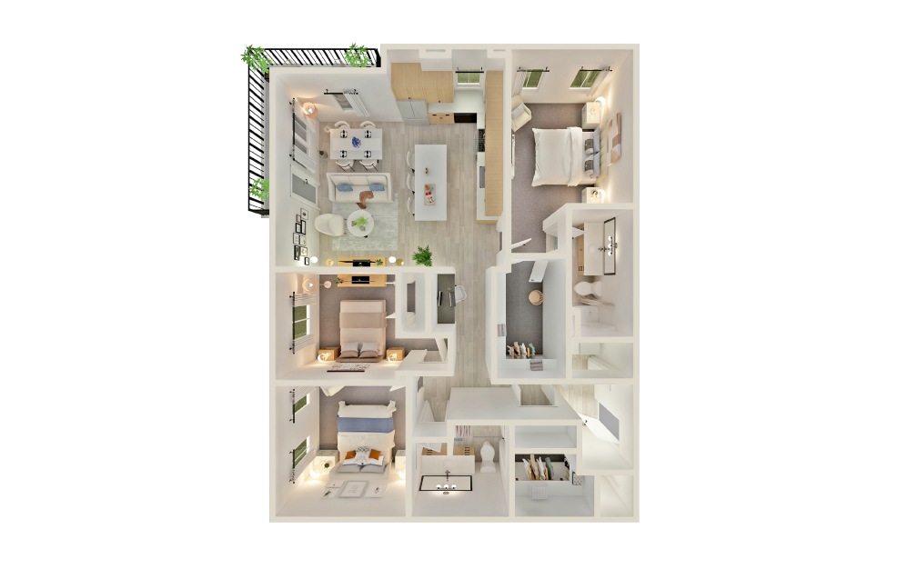 C1 - 3 bedroom floorplan layout with 2 bathrooms and 1416 square feet