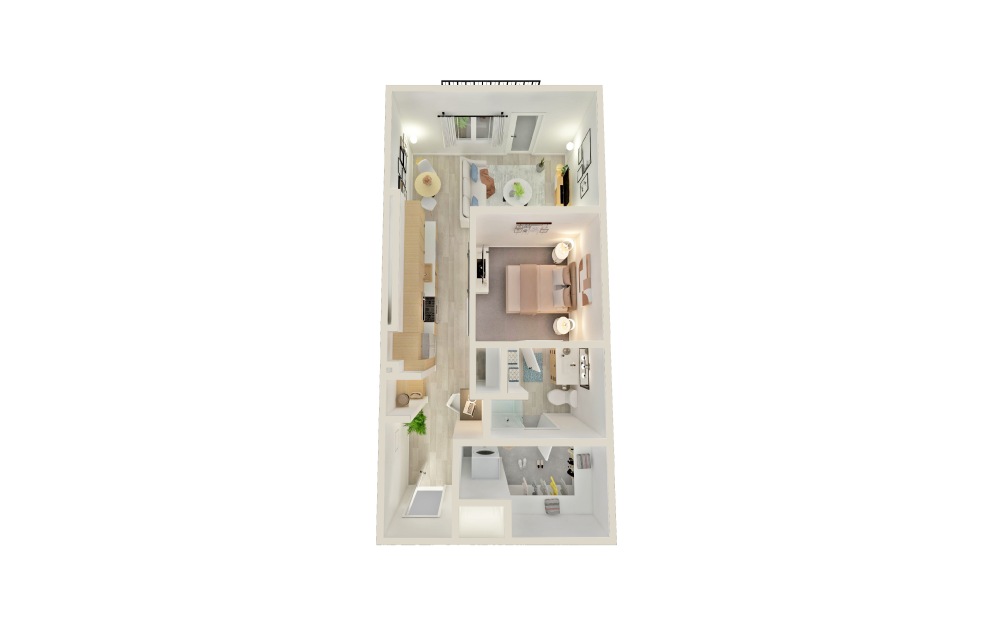 E1 - Studio floorplan layout with 1 bath and 603 square feet.