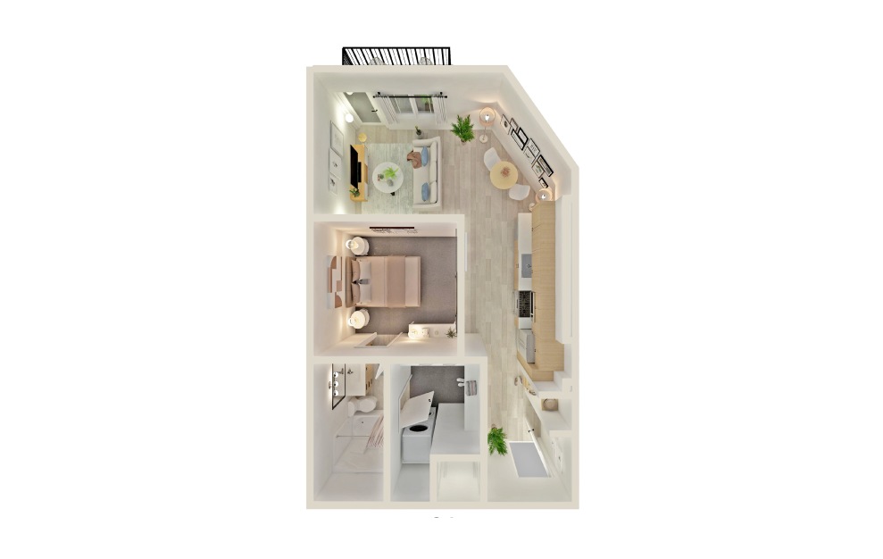 E3 - Studio floorplan layout with 1 bath and 694 square feet.