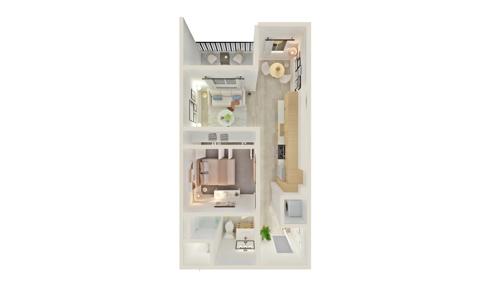 E2 - Studio floorplan layout with 1 bathroom and 524 square feet