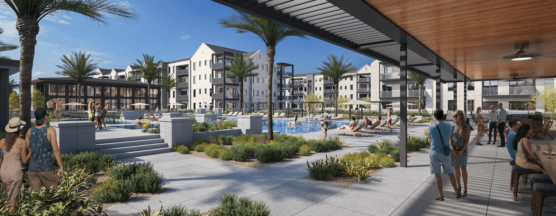 pool with reclining seats and nearness to apartments